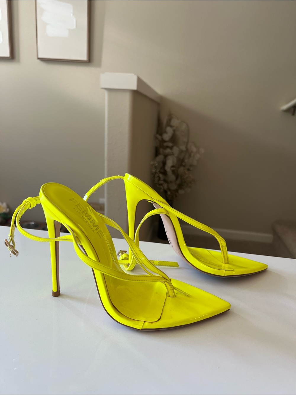 Neon Yellow Stiletto Thong Heels - Women's High Heel Sandals